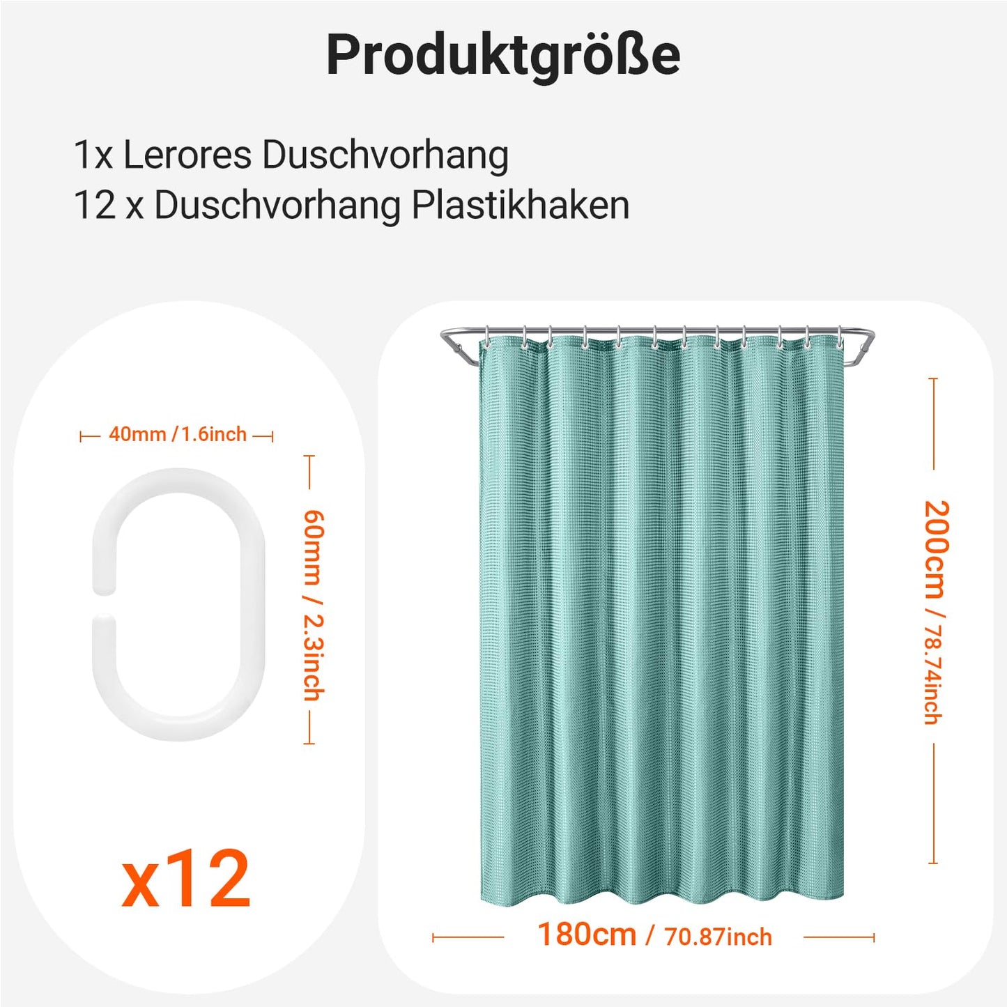 Lerores Shower Curtain, 180 x 200 cm, Waffle Light Blue, Weighted Hem, Anti-Mould Textile, Water-Repellent