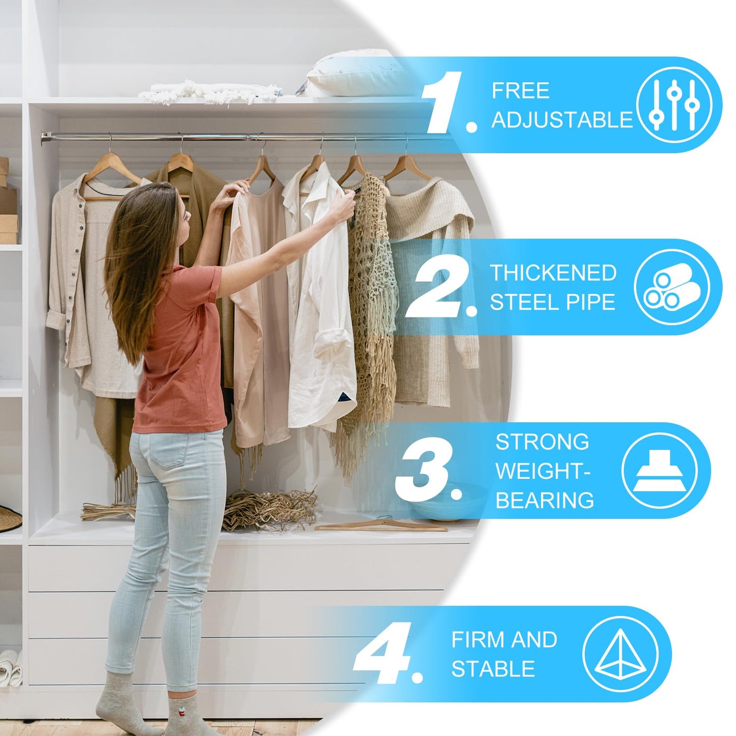 Wardlock 50-80 cm Extendable Stainless Steel Wardrobe Rail, Adjustable Clothes Rail Pole With U Shaped End Sockets.