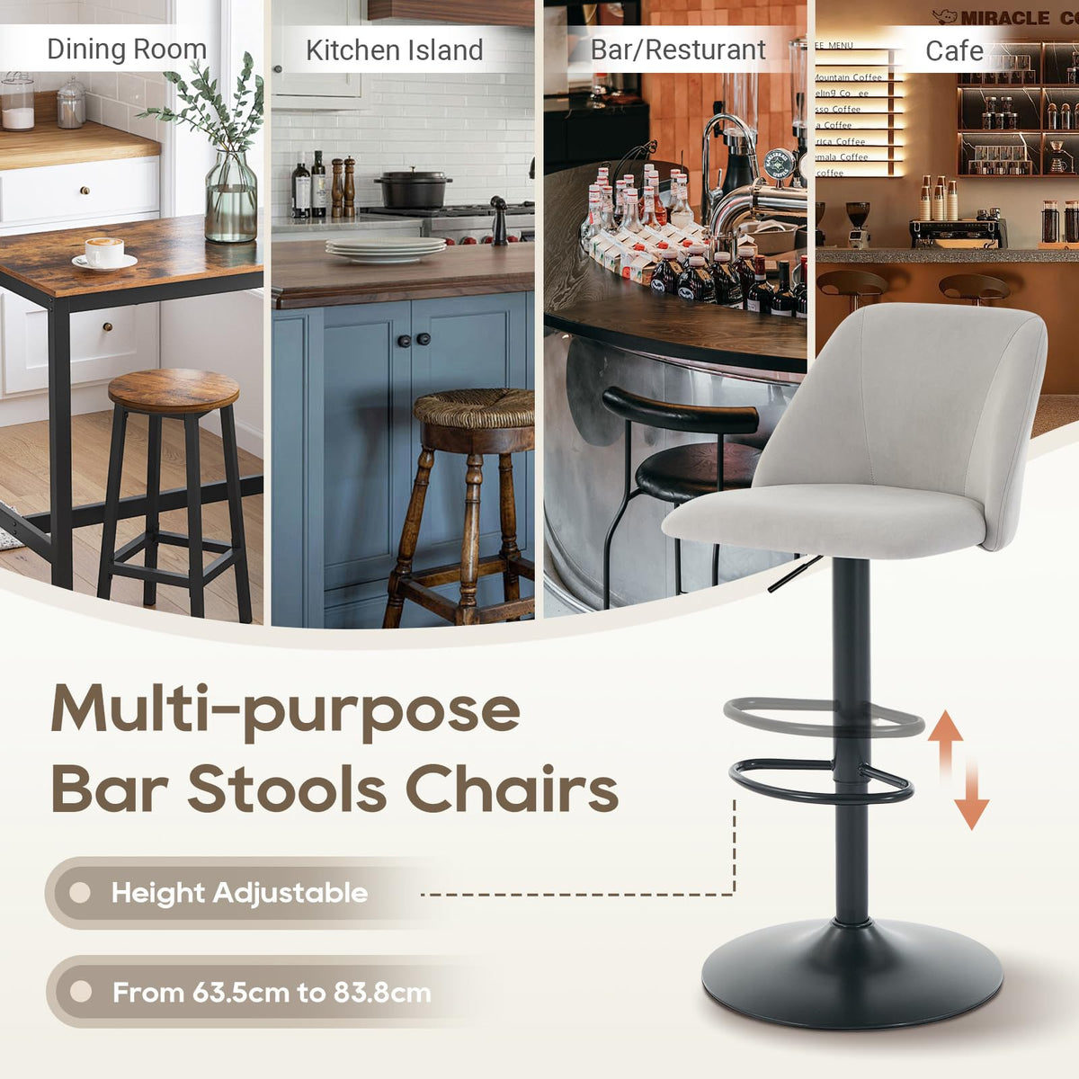 COLAMY Breakfast Bar Stools Set of 6, Modern Swivel Kitchen Stool, Adjustable Upholstered Barstools Counter Height with Square Open Back for Bar