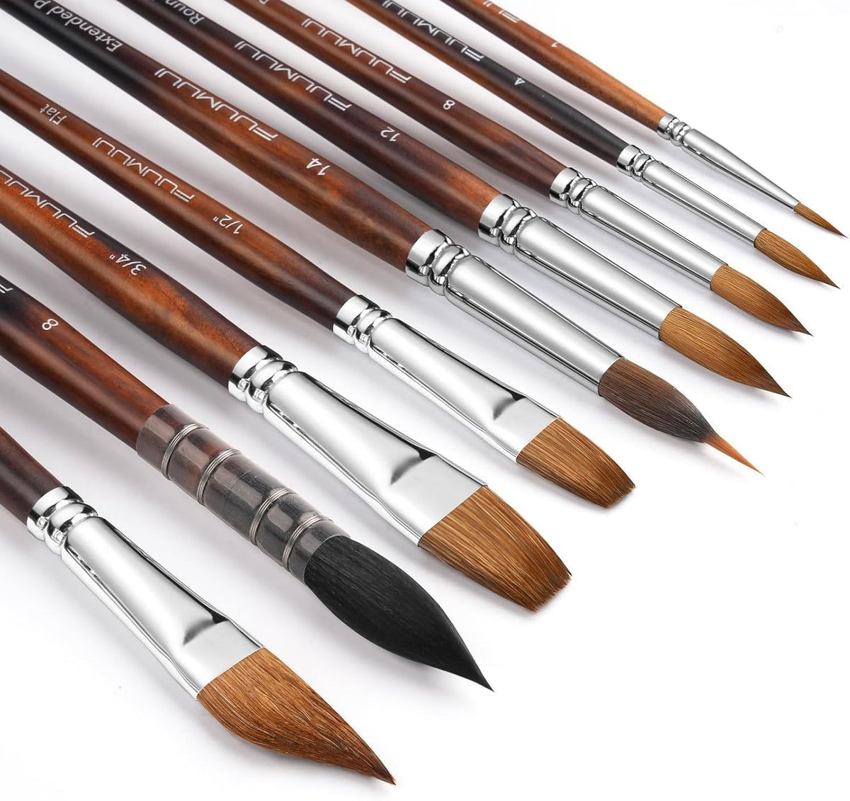 Professional Sable Watercolour Brushes 9pcs, Fuumuui Artist Paint Brush Set, Squirrel Hair Mop Brush, Extended Point Brush, Round Point, Flat, Dagger