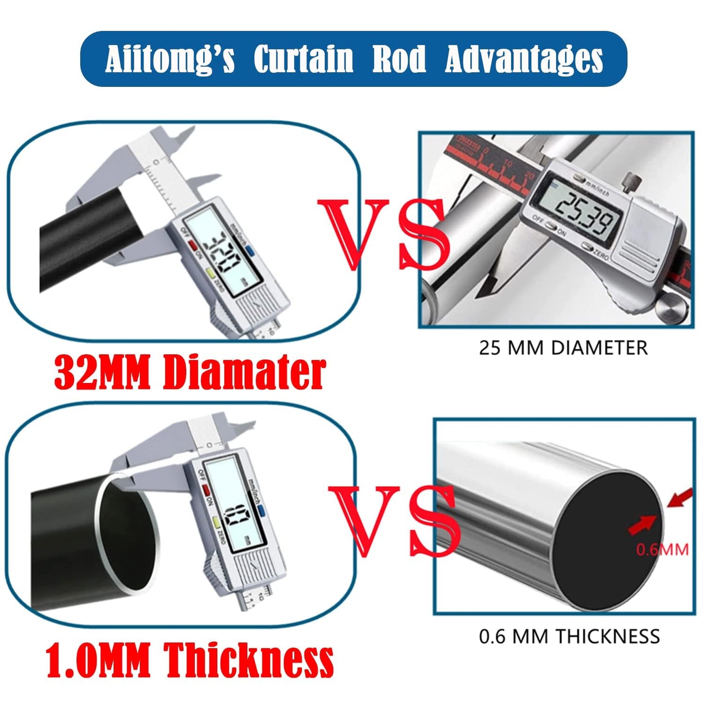 Curtain Pole No Drilling Extendable Telescopic Rod Extra Thick Shower Curtain Rail Tension Rod for Bathroom, Bedroom Black (85-155CM Φ32 mm)