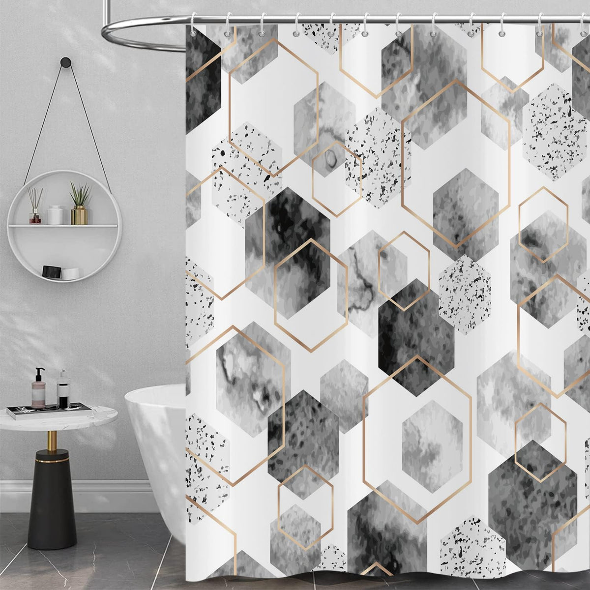 Hnmdmyi Grey Shower Curtain 180x200, Abstract Geometric Modern Grid Pattern Minimalist Bathroom Curtains with Hooks Waterproof Polyester Fabric