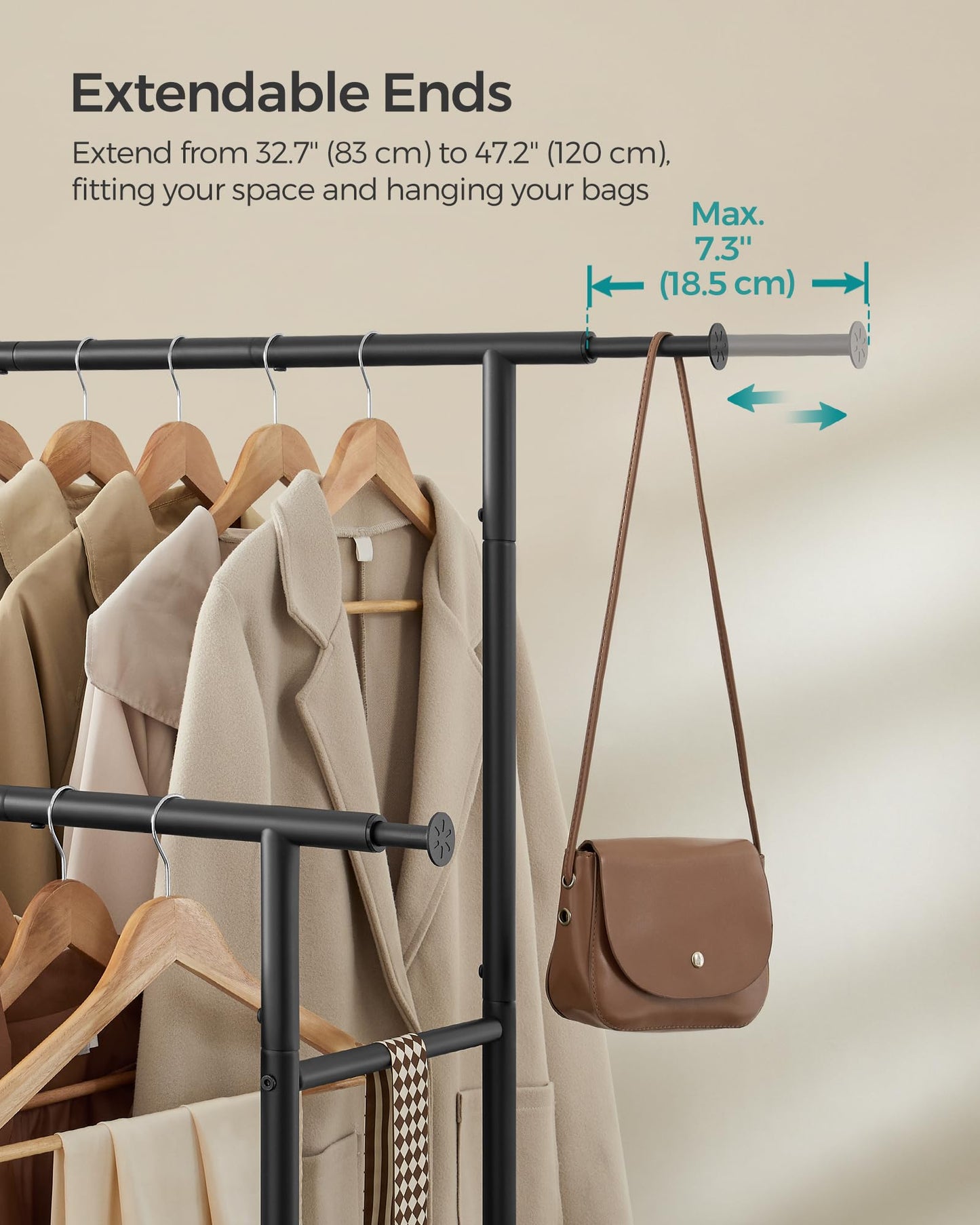 SONGMICS Clothes Rail, Double Clothes Rack on Wheels, Extendable Garment Rack, Heavy-Duty Metal Frame, 80 kg Total Max. Load, 83-120 cm Wide, Ink