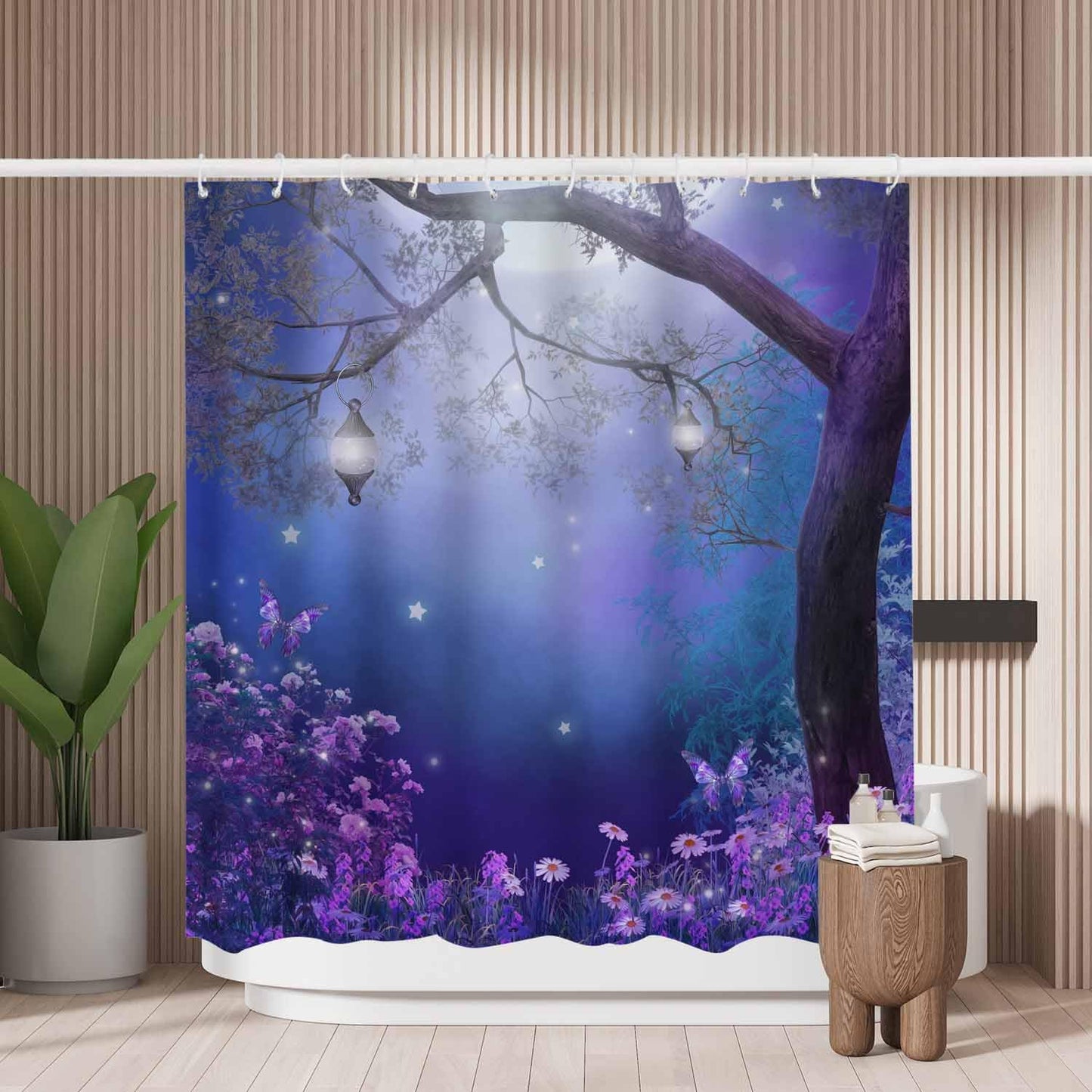 Woutay Shower Curtain Mould Proof Resistant Purple Fairy Tree,Water Repellant Fabric,Polyester,with 12 Plastic Hooks