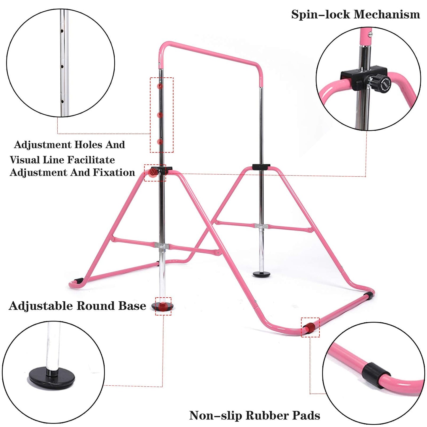 Gymnastic Bar Kids with Flying Ring Folding Adjustable Height Horizontal Gift Set, Expandable Gym Training Bar Equipment for Boys Girls Color Pink