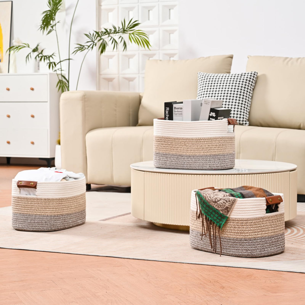 Cotton Rope Storage Basket Woven Shelf Storage Bin with Detachable Leather Handles, Decorative Closet Shelf Woven Basket (Gradient Brown 3PACK)