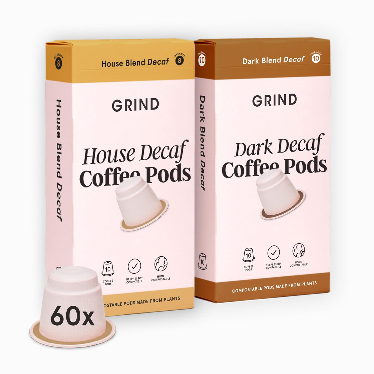 Grind Decaf Variety Pod Collection ? House & Dark Decaf Blend ? Pack of 60 Biodegradable Capsules ? 100% Arabica ? Nespresso? Original Compatible ?