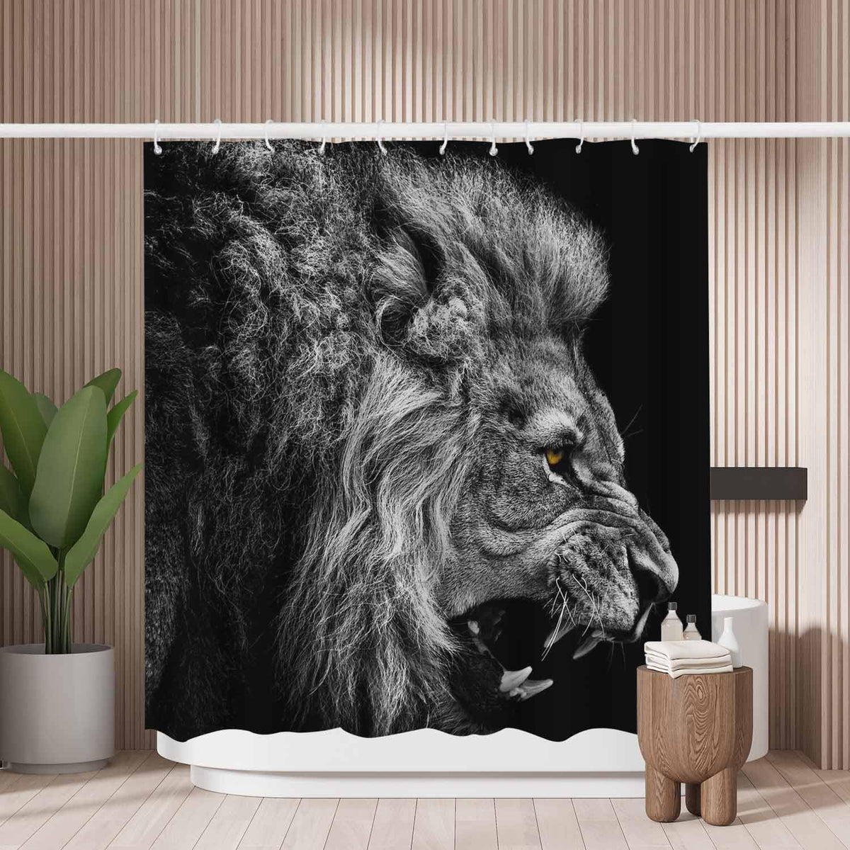 Woutay Shower Curtain Mould Proof Resistant Black Lion,Water Repellant Fabric,Polyester,with 12 Plastic Hooks,Size 180x180CM