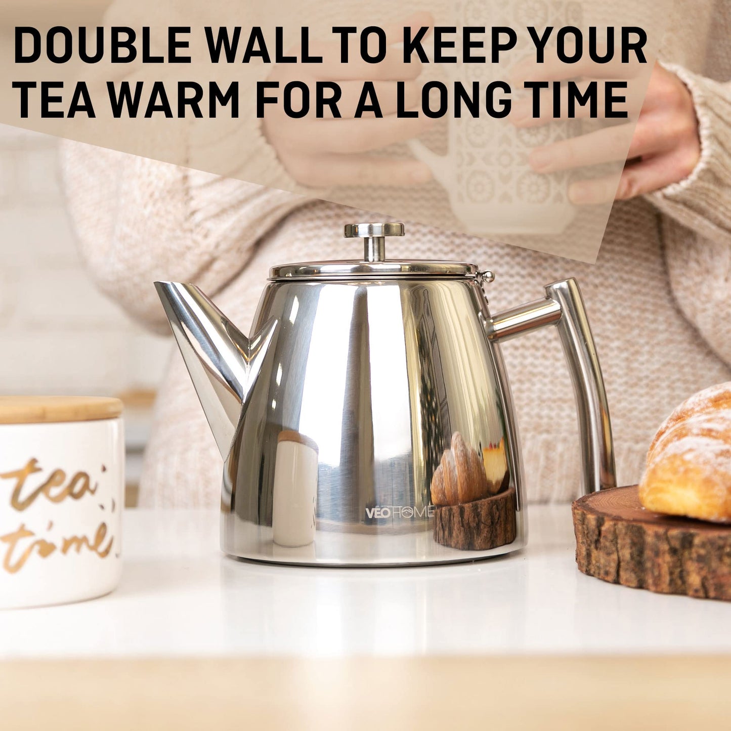 Stainless Steel teapot with 1L Infuser - Keeps Your Tea hot Thanks to its Double Wall