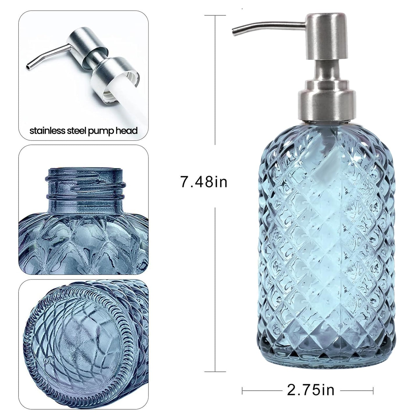 BAOWUABJ Glass Soap Dispenser with Stainless Steel Pump, 400ml, Blue