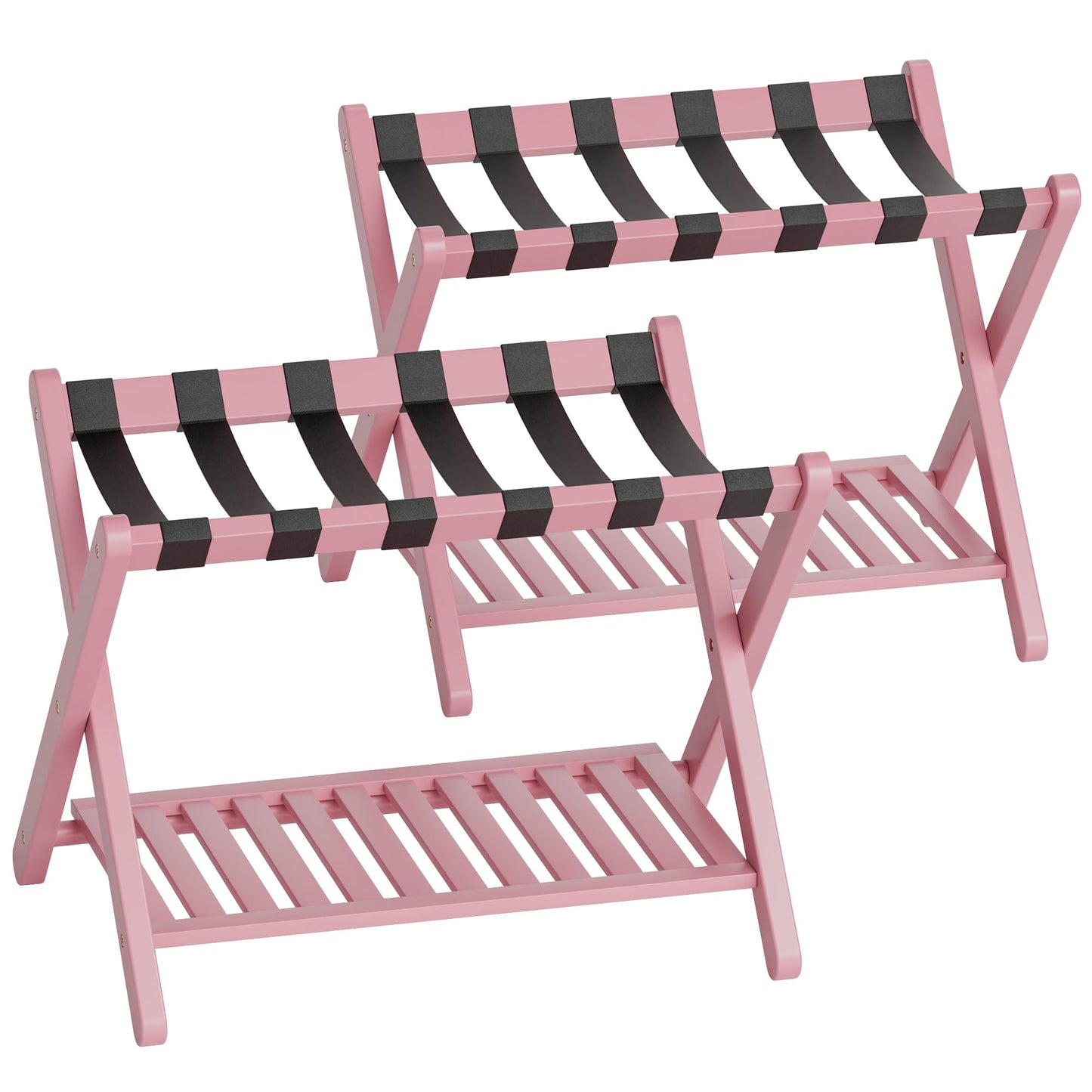 SMIBUY Luggage Rack, Set of 2, Foldable Bamboo Suitcase Stand with Storage Shelf for Guest Room, Bedroom, Hotel, Heavy-Duty (Pink)