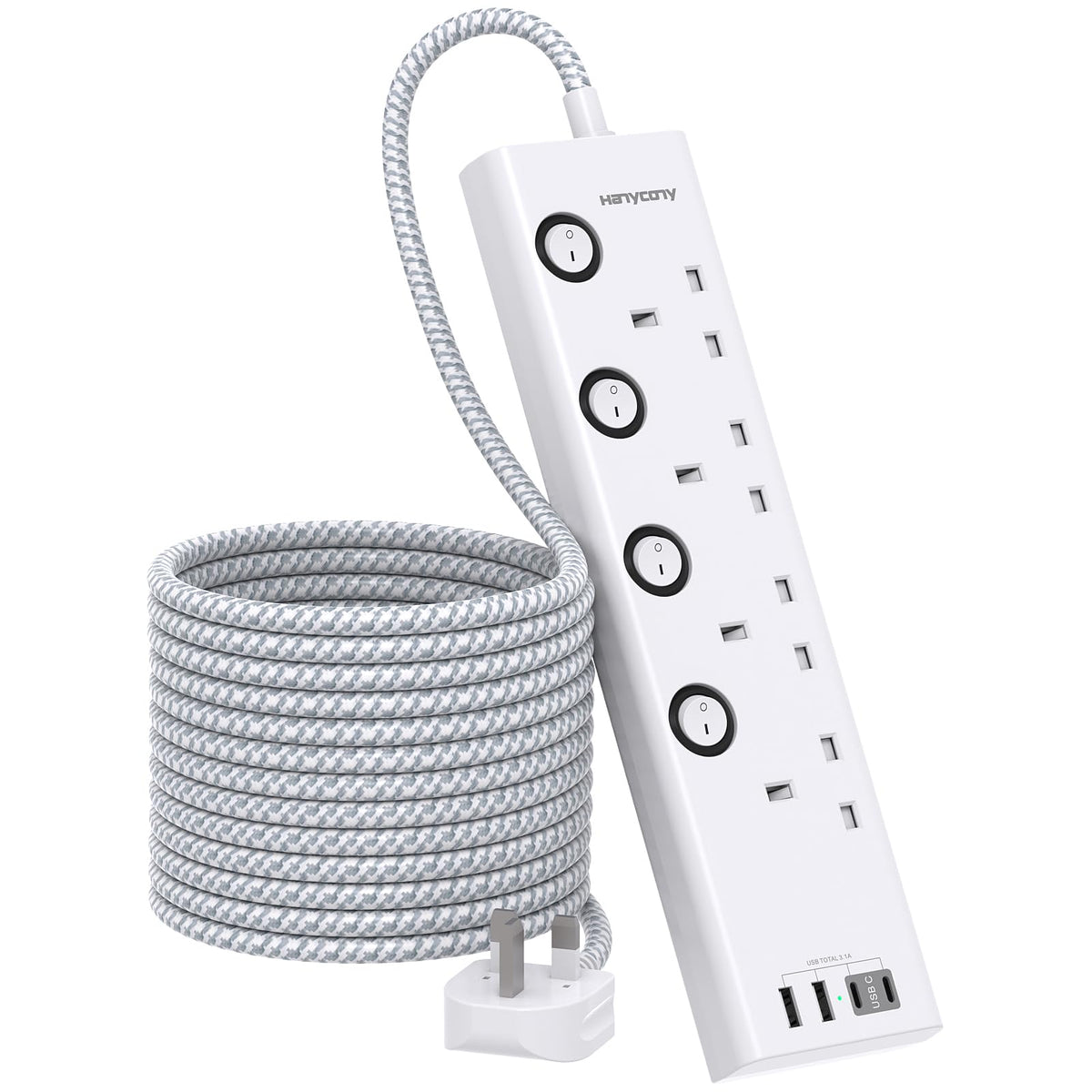 5M Extension Lead, 4 Way Socket with 4 USB Slots(2 USB C), Individually Switched, Extension Cable 5M, Wall Mount Extension Cord, Desk Power Strip for