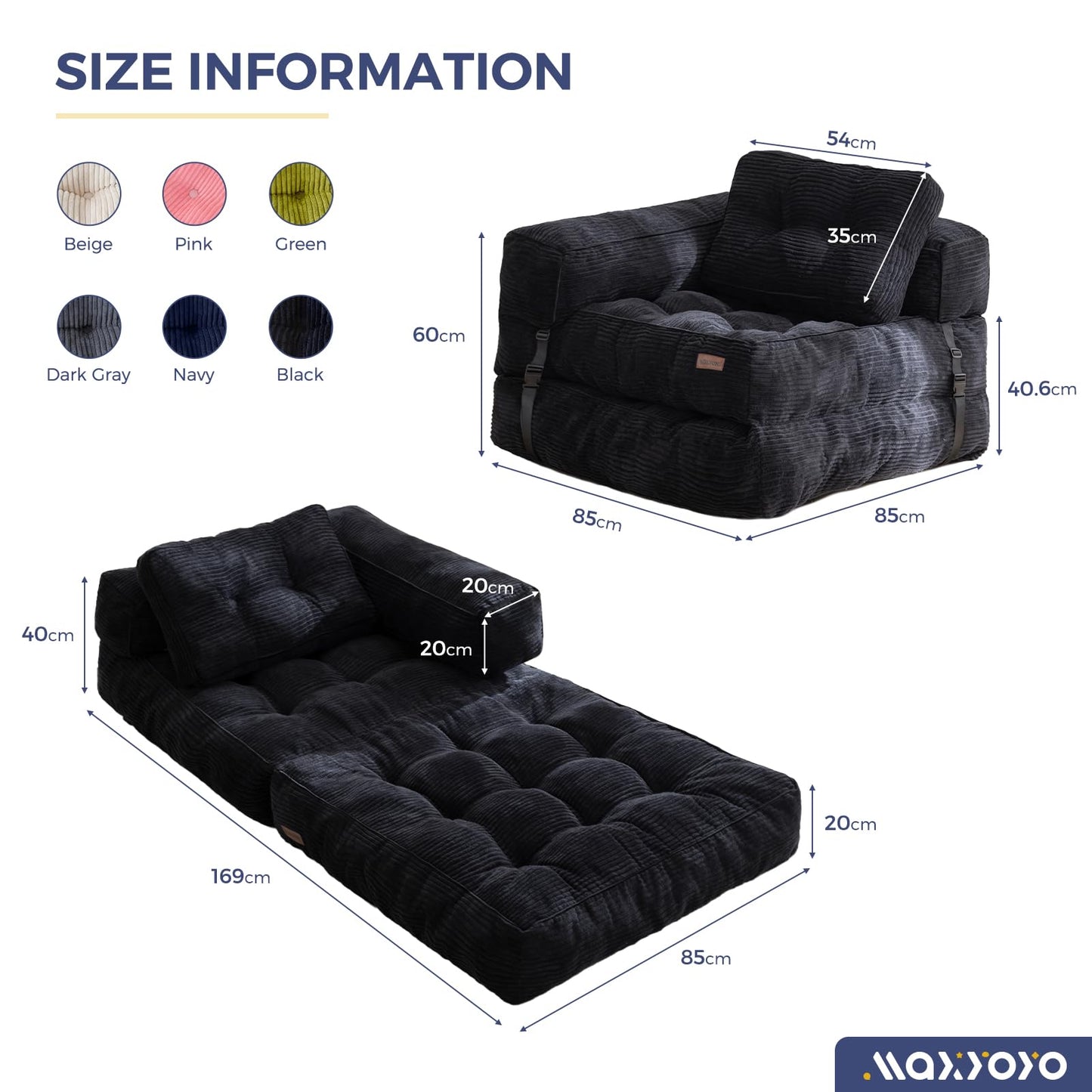 MAXYOYO Foldable Sofa Bed,Bean Bag Couch Convertible Sleeper Chair with Armrest L-Shaped Floor Lounge Sofa with Pillow Portable Lounge Seat for