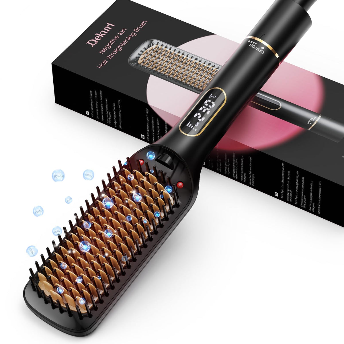 Hair Straightener Brush, 42mm Wide Straightening Brush Comb, 10 Millions Negative Ions, 6 Temp Settings, 130?C-230?LED Display, Dual Voltage, 2 in 1