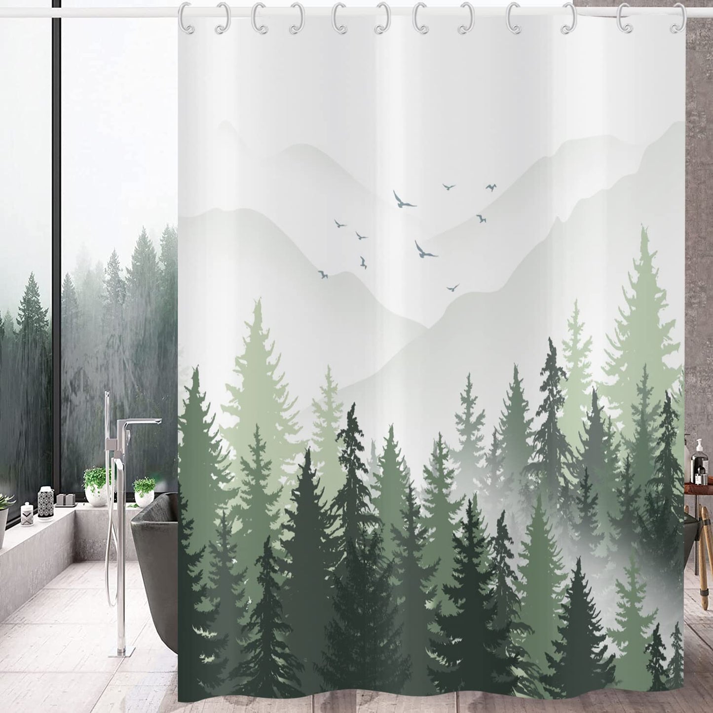 Hnmdmyi Green Shower Curtain 180x200, Misty Forest Mountain Nature Tree Plant Woodland Decorative Bathroom Curtains with Hooks Waterproof Polyester