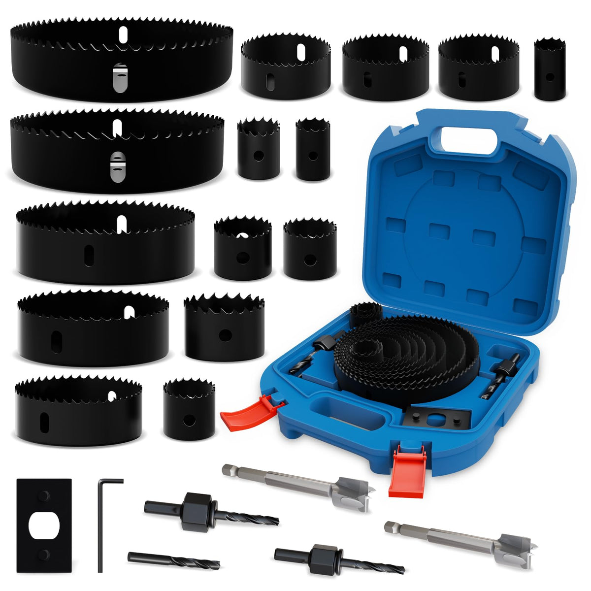 XZH Hole Saw Set, 22Pcs 19mm-152mm Hole Cutter Set Carbon Steel Downlights Drill Bit Tools for Soft Wood, Plasterboard, Plastic