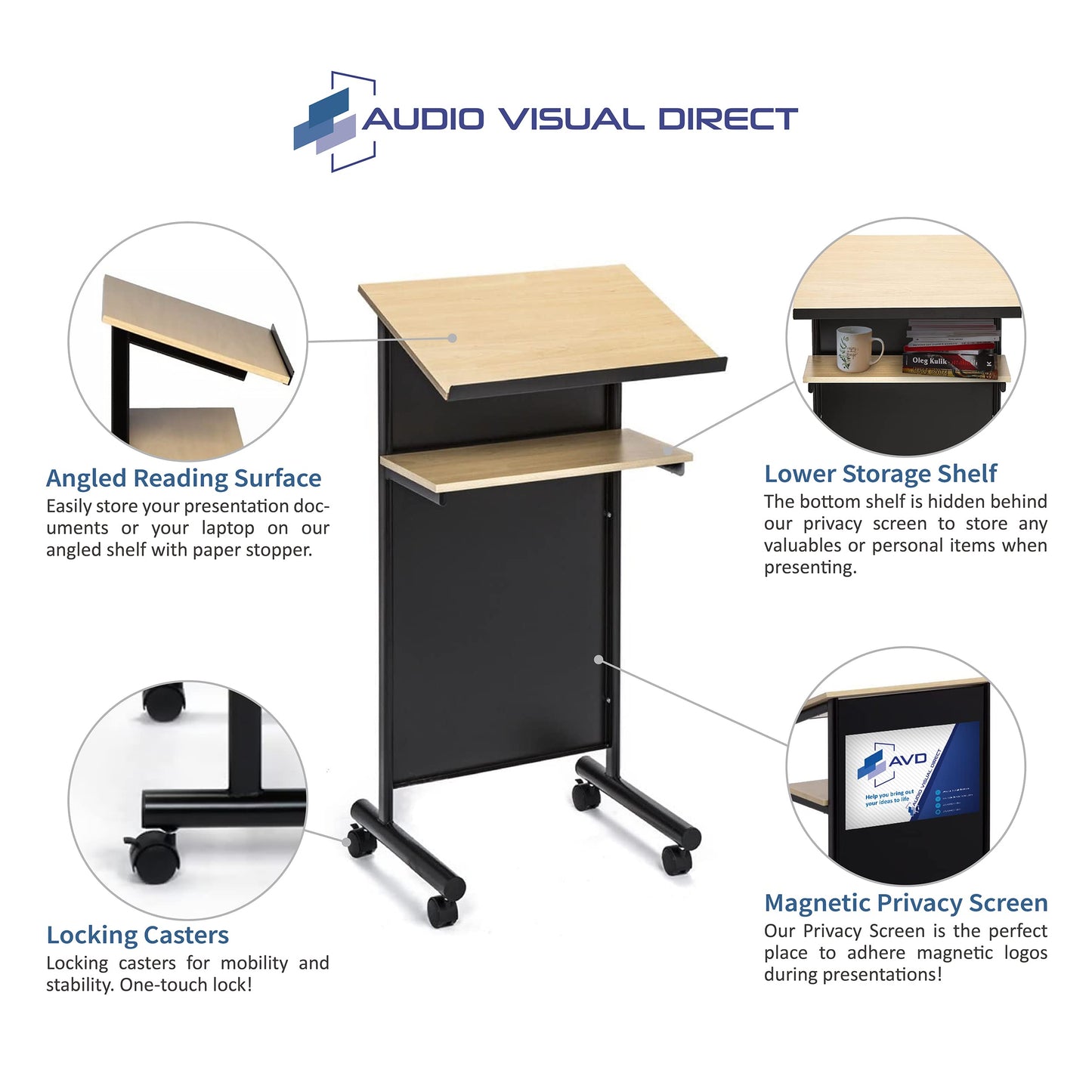 Audio-Visual Direct Wheeled Lectern with Storage Shelf - Beech/Black - Compact Standing Desk for Reading - LapTop Stand