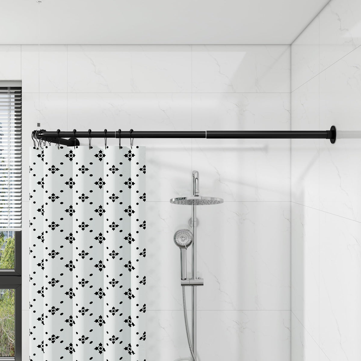 L Shaped Shower Curtain Pole, Curved Shower Curtain Rail, 62-122cm x 62-122cm Telescopic Rod for Bathroom Bathtub, Stainless Steel with 12 Ring Hooks