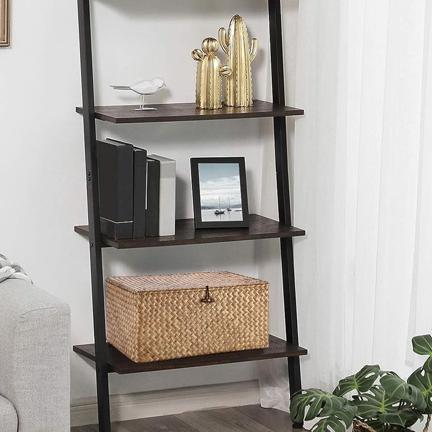 IGNPION Seagrass Storage Basket with Lid, Wicker Woven Shelf Basket, Coffee