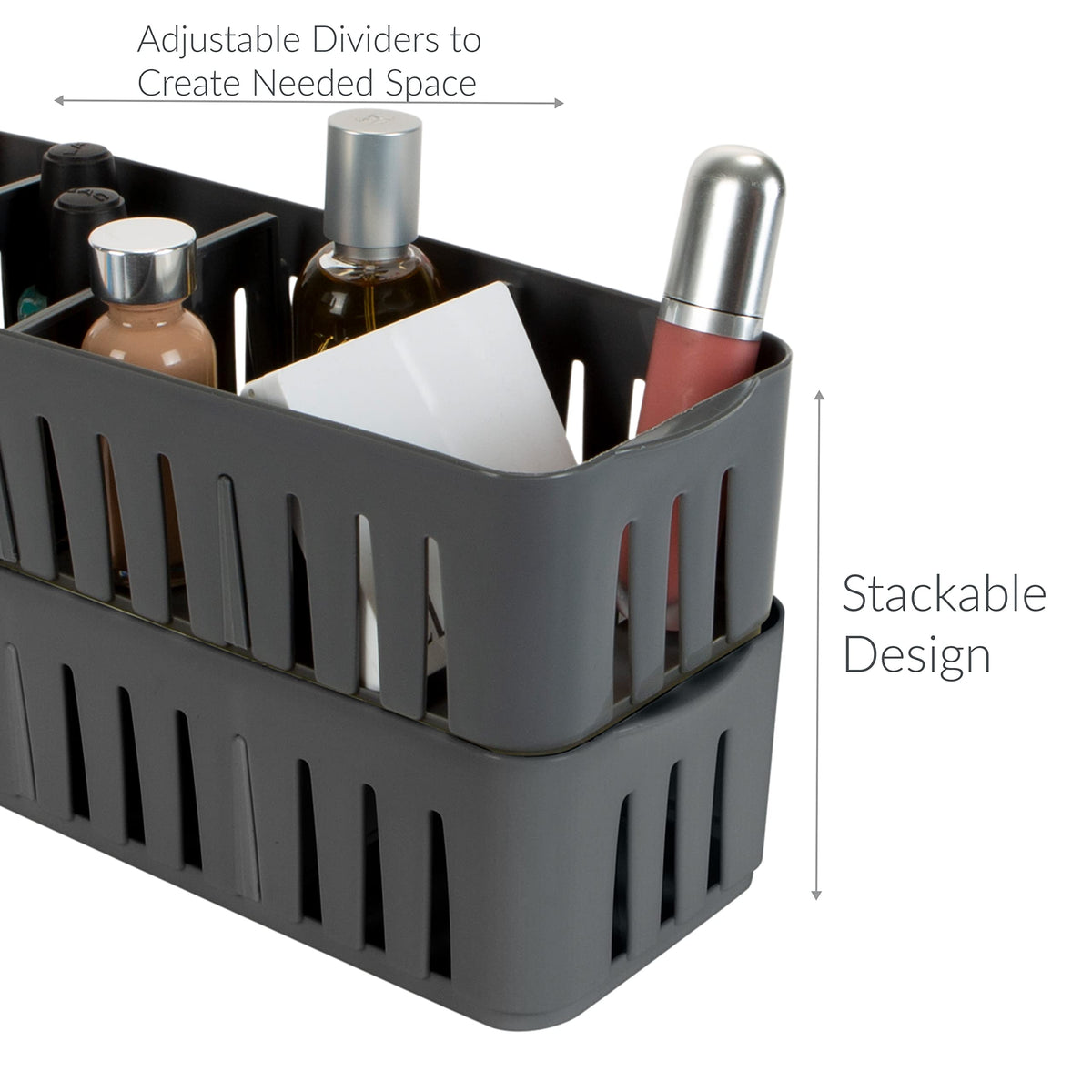 Simplify Stackable Organizer Bin with Adjustable Dividers, 4 Compartment Storage Basket, Good for Office, Home & Dorm, Polypropylene, Grey, 1 Pack