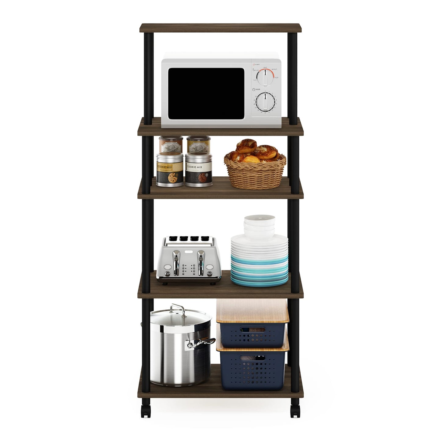 Furinno TURN-N-TUBE Bakers Rack with Wheels, 5-Tier Kitchen Storage Cart, Kitchen Cart, Coffee Bar, Pantry Organizers and Storage, Columbia Walnut