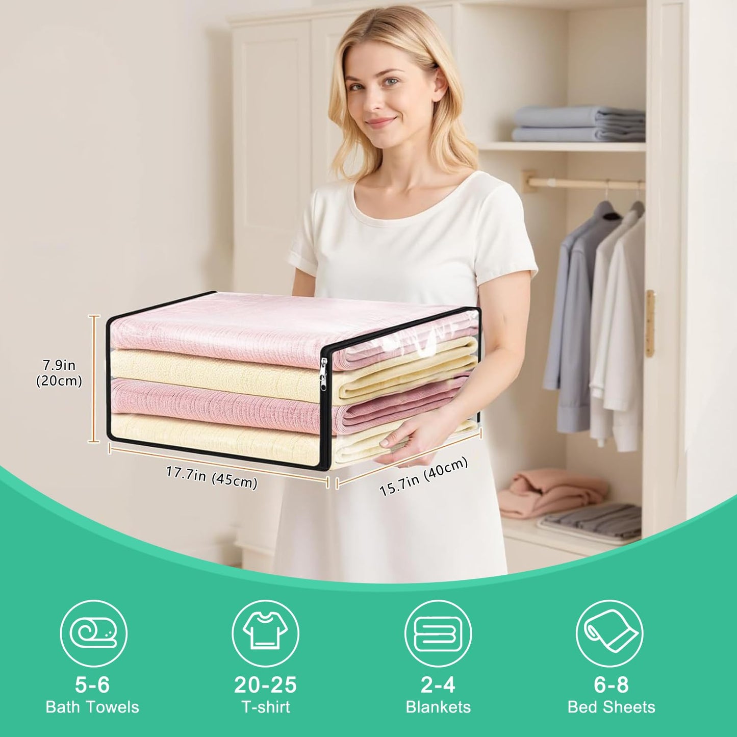 6 Pack Clear Storage Bags with Zips, 36L Foldable Clothes Storage Bags PVC Clothing & Wardrobe Storage Organiser Waterproof Loft Storage Bagsfor