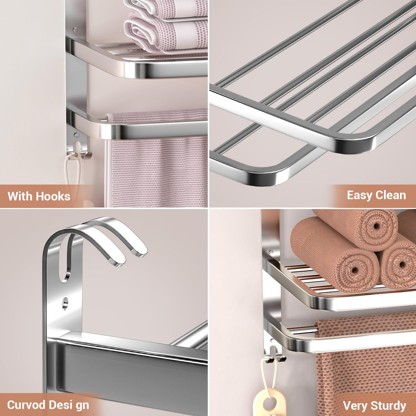 DDS-DUDES 3-Tier Towel Racks for Bathroom with Towel Bars Multilayer Hotel Towel Shelf Stainless Steel Wall-Mounted Brushed Finish Holder with Towel