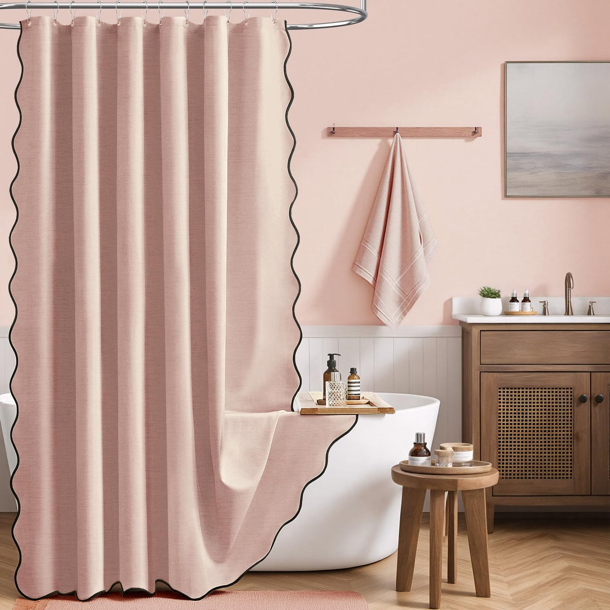 BTTN Extra Long Scalloped Shower Curtain, Waterproof, 184x215cm, Blush