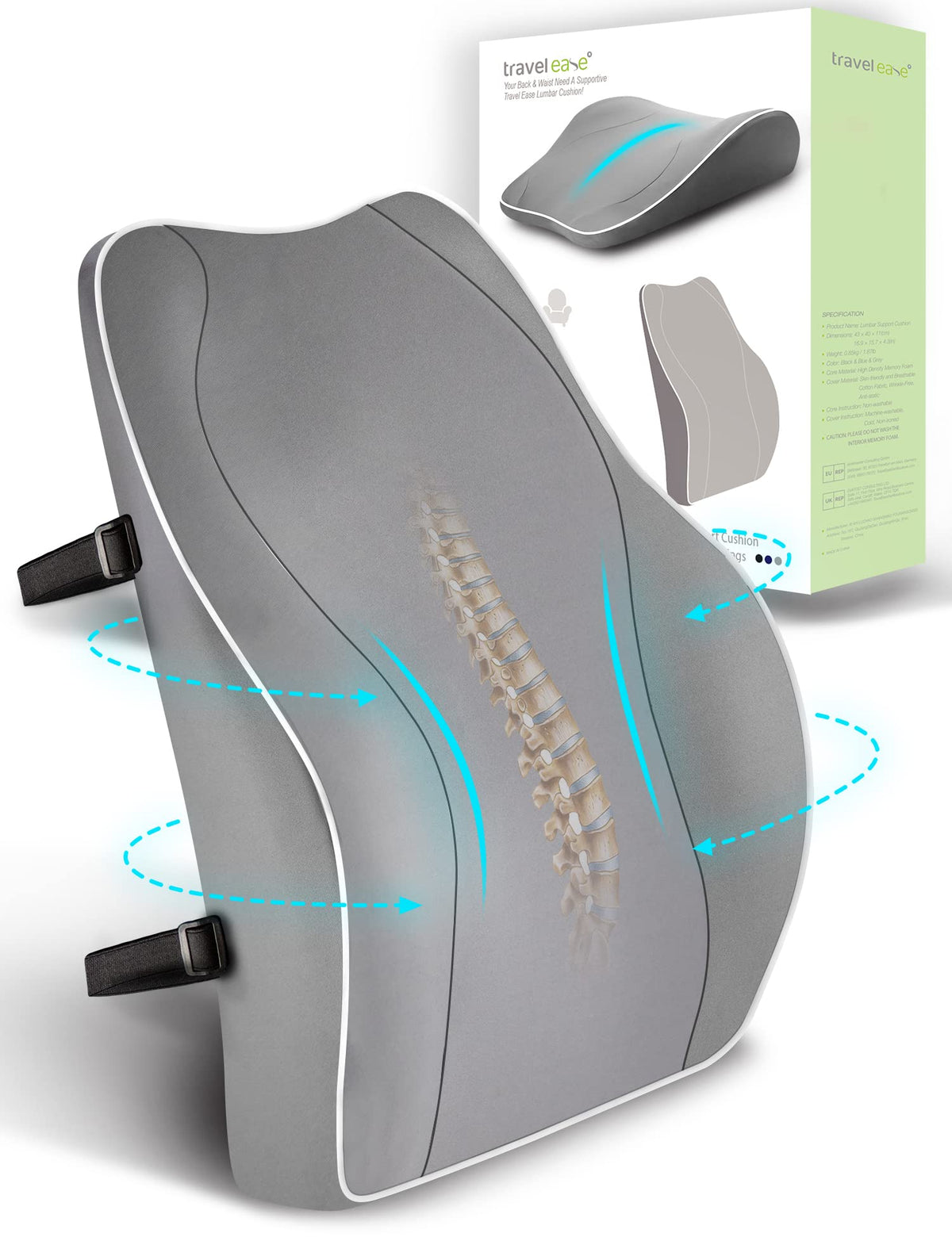Travel Ease Ergonomic Lumbar Support Cushion, Memory Foam Back Support Cushion for Office Chairs with Skin-friendly Cover for Comfort (Grey)