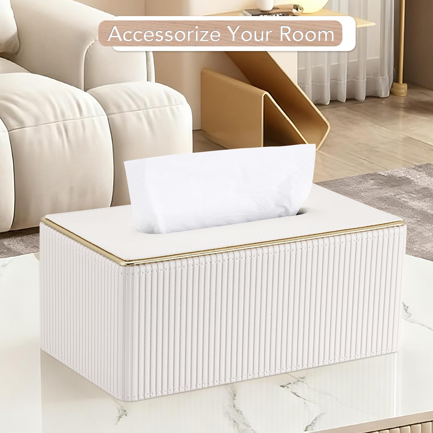GORESE Tissue Box Holder,Rectangular Tissue Box Cover PU Leather Facial Tissue Dispenser Napkin Holder for Home, Office,Car Decoration(White)