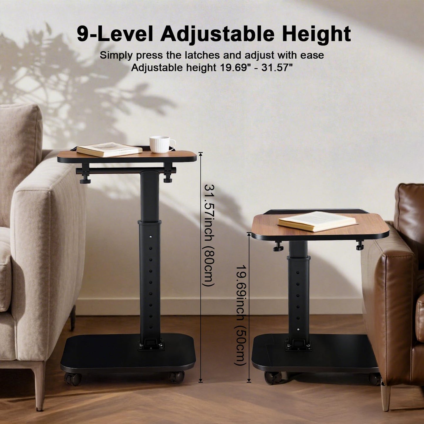 C Shaped Side Table, Sofa TV Tray Tables Adjustable Height & 180° Flip-Over Panel Design