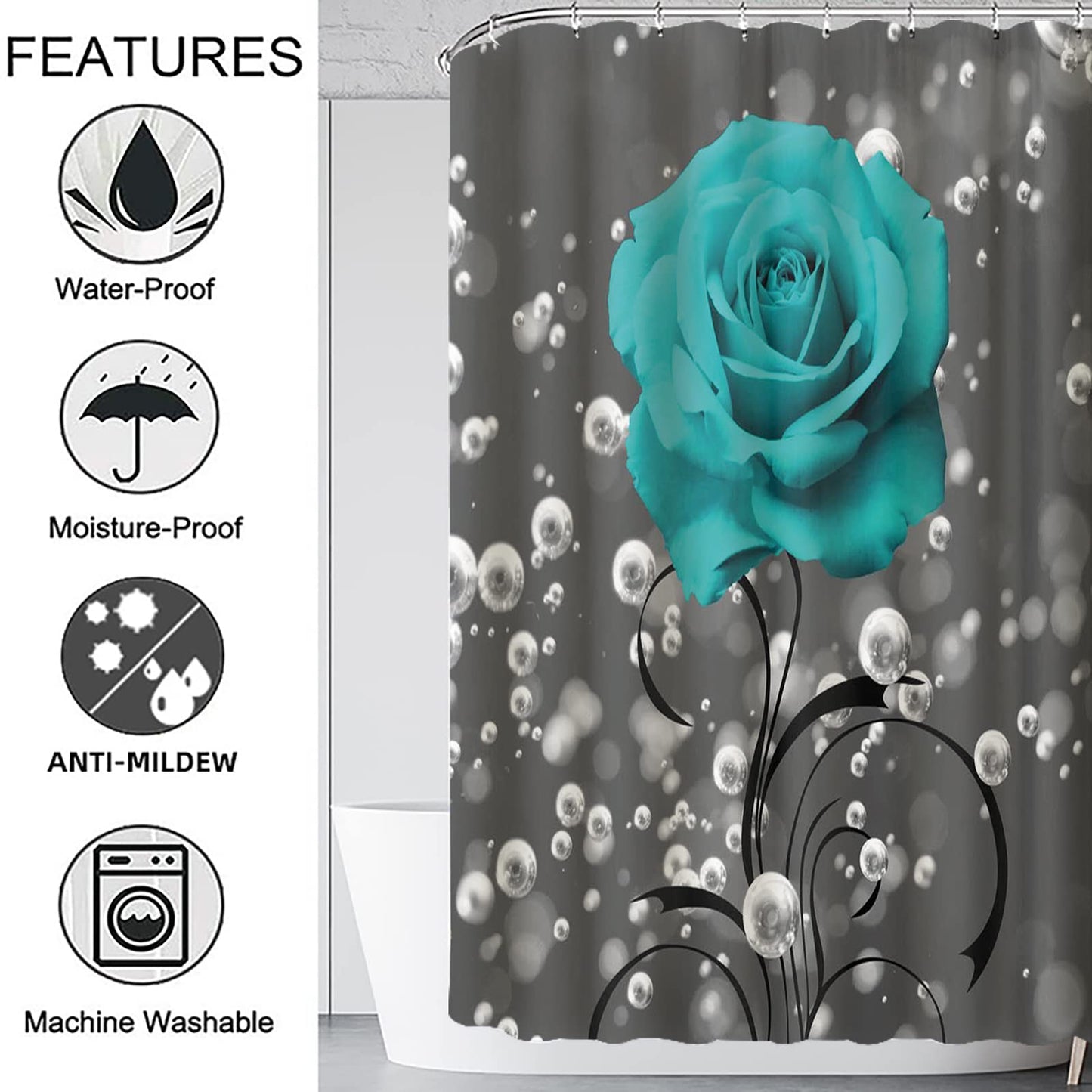 4 Piece Shower Curtain with Bath Rugs Bathroom Sets, Rustic Blue Rose Flower with Butterfly Bathtub Accessory Kit -- Carpet ,U Shape Mat and Toilet