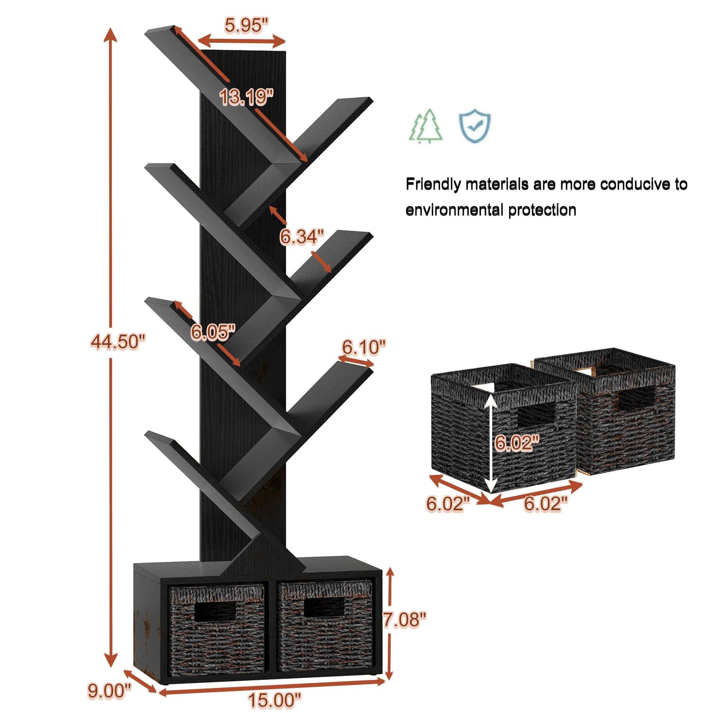 Vagusicc 6 Tier Tree Bookshelf with 2 Storage Baskets, Tall Display Shelf Organizer for Books, Magazines, Home Decor