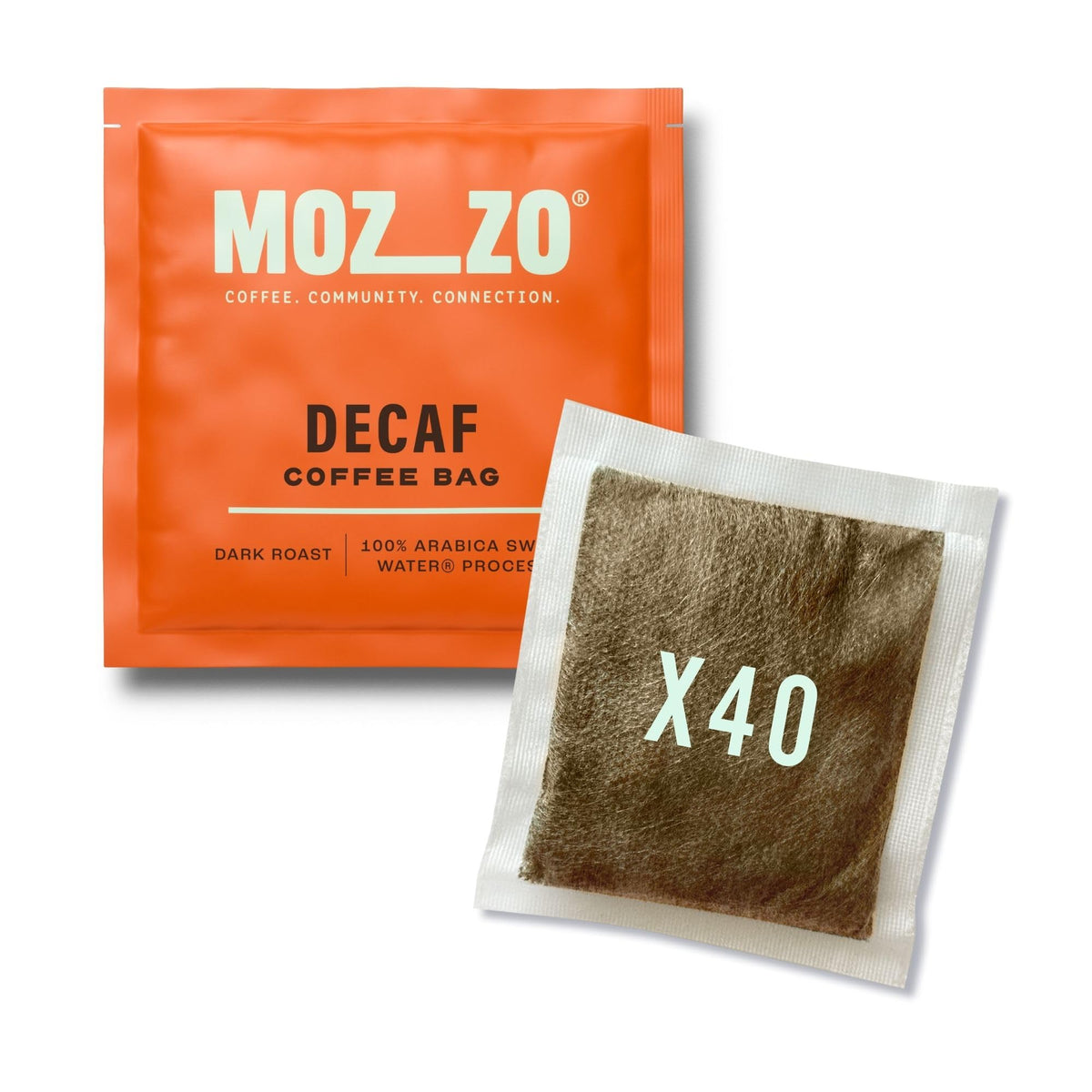 Mozzo Decaf Coffee Bags 40 Pack | Dark Roast Brew-in-Cup Ground Coffee | 100% Arabica Swiss Water Process Coffee Bags | Individually Wrapped