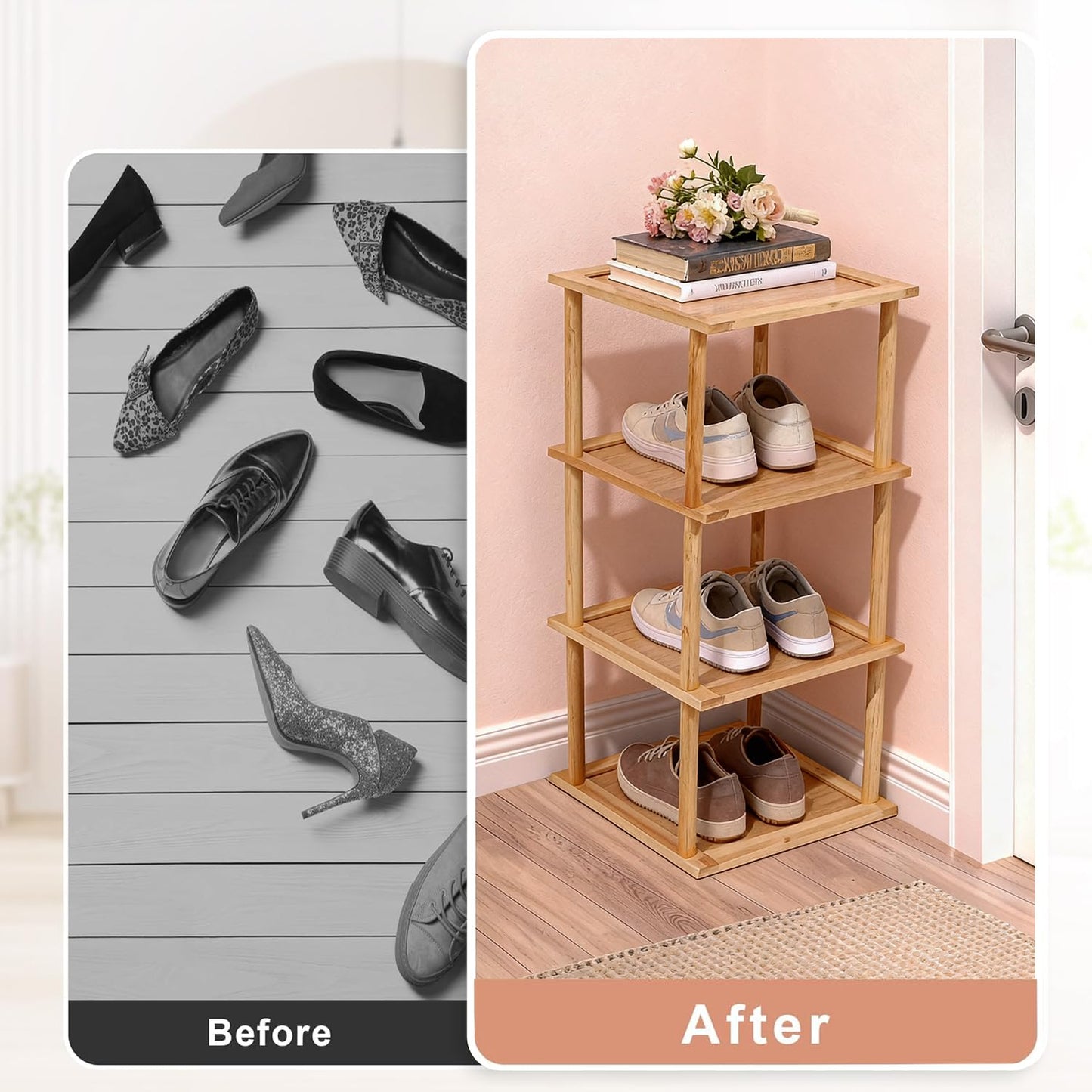 Aniston 4 Tier Small Shoe Rack Bamboo, Free Standing Slim Narrow Shoe Storage, Vertical Tall Shoe Shelf Organiser for Garage, Closet, Doorway, Corner