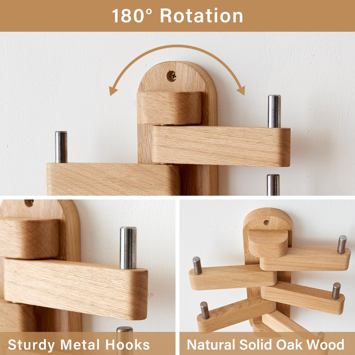 Swivel Coat Rack, Solid Oak Wood Coat Hooks with 5 Swivel Foldable Arms