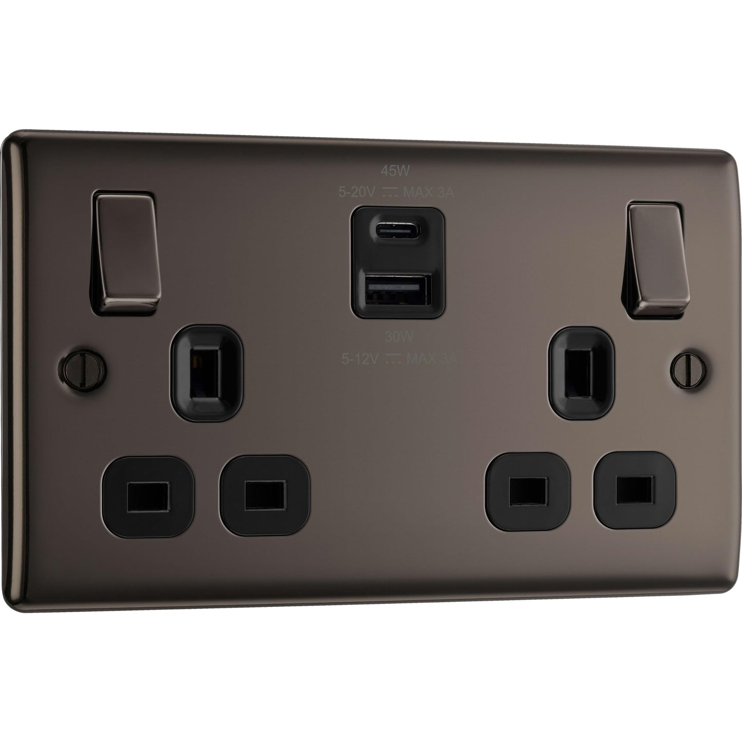 BG Electrical 45W Double Switched Power Wall Plug Socket with Super Fast Charge USB A & USB C Charging Ports, Nexus Metal, Black Nickel, 13A,
