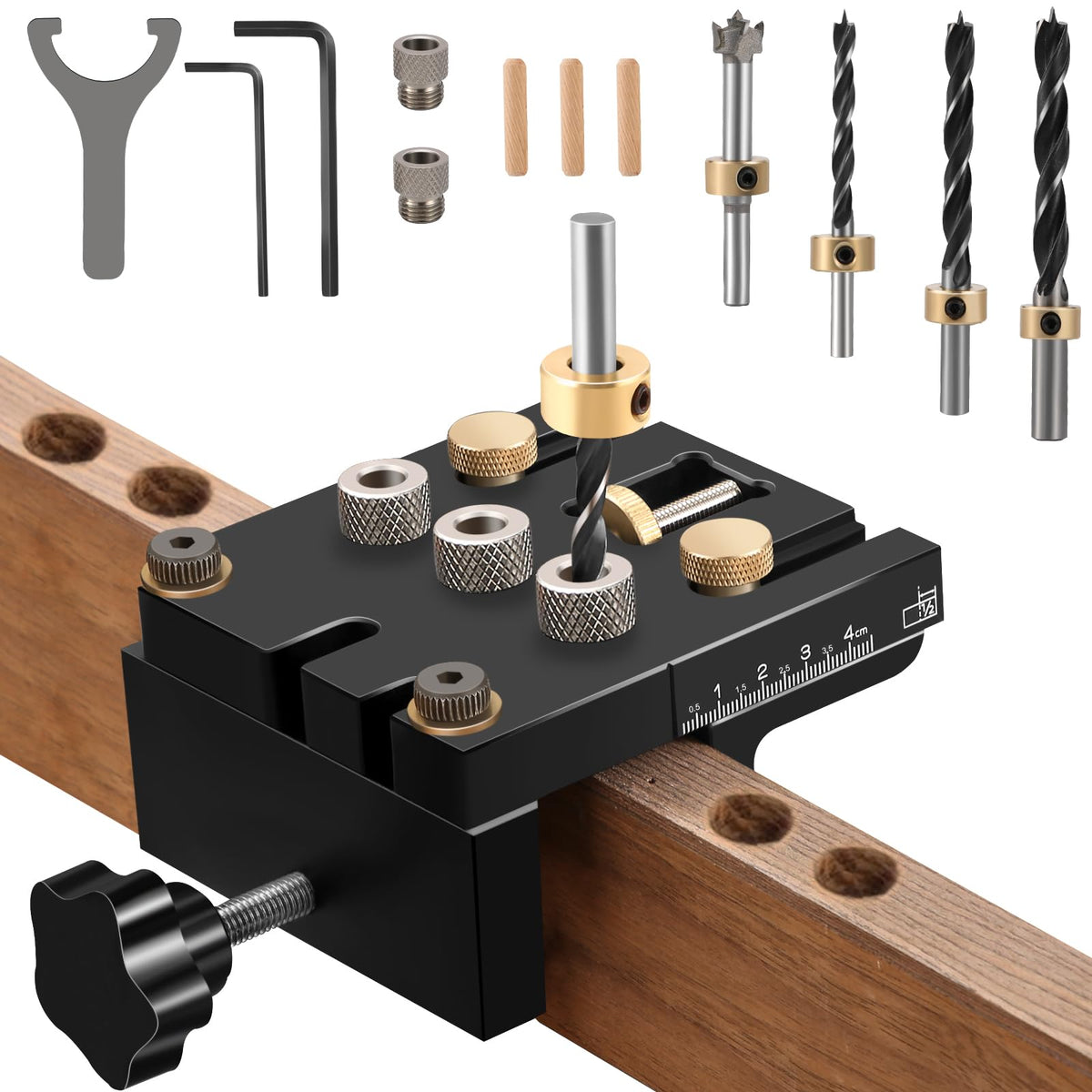 3-in-1 Pocket Hole Jig Kit,6/8/10/15mm Drilling Template Self-Centeringfor Woodworking Exact Dowel Holes, with Positioning Clip Adjustable Drill Guide