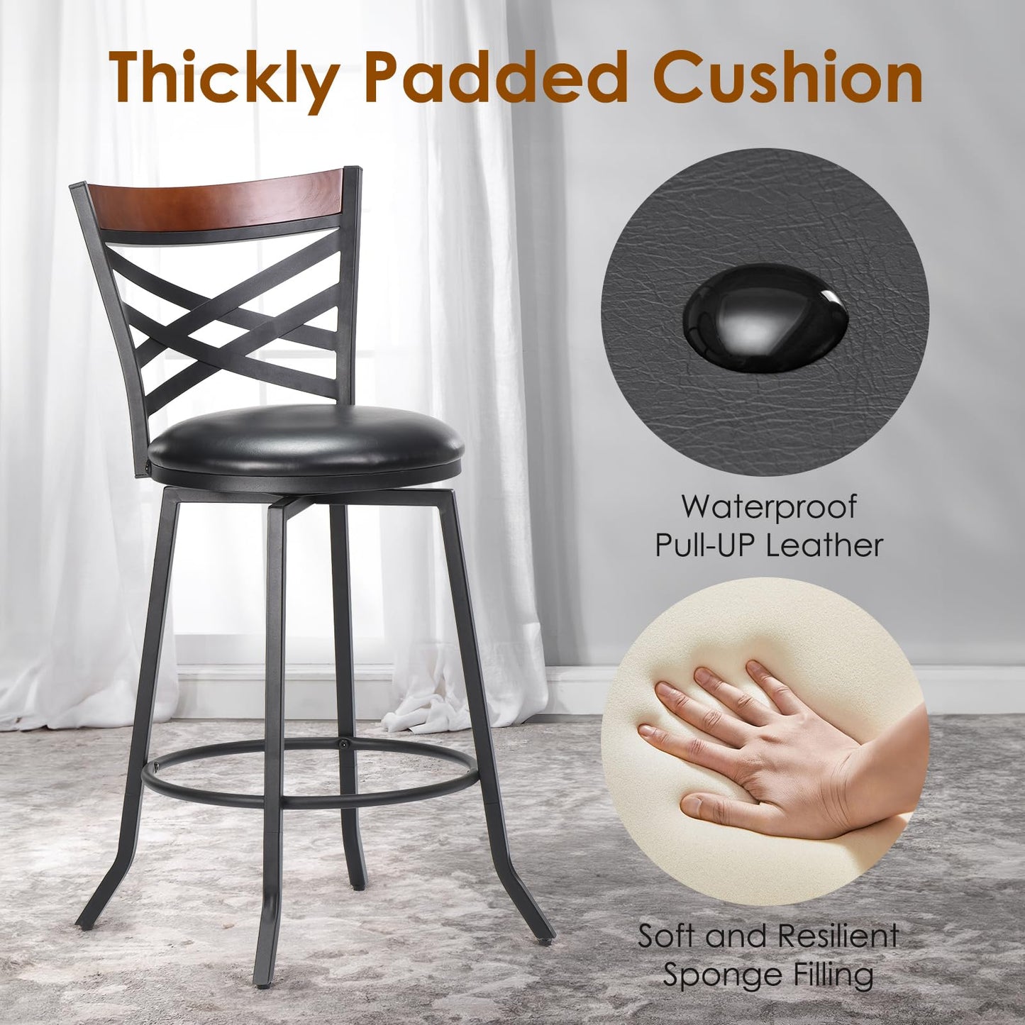 Farini Swivel Bar Stools Set of 2, Country Style Chairs with Back and Footrest for Kitchen Island, Pub, Restaurant