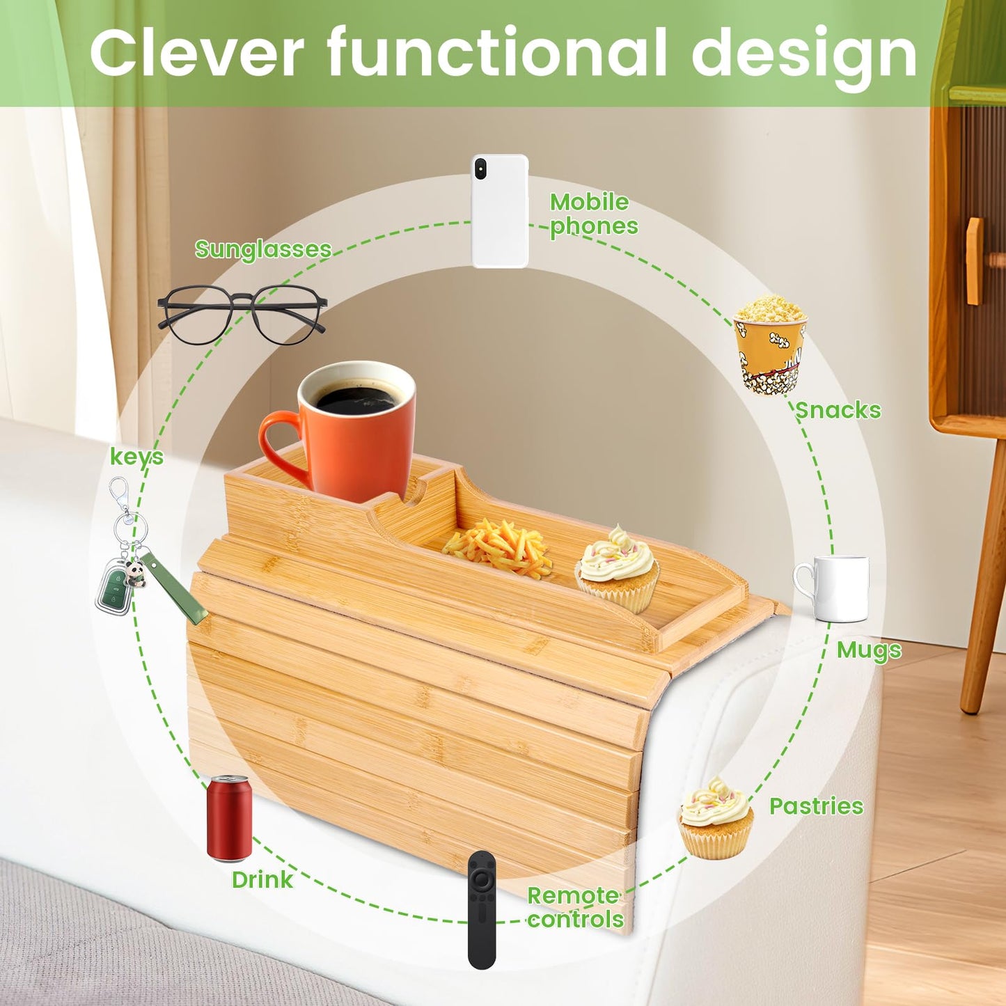 Foldable Sofa Arm Tray Table - Natural Pine Wood Side Table, Armrest Clip Tray, Waterproof Couch Organizer, Drink Snack Remote Control Holder (D)