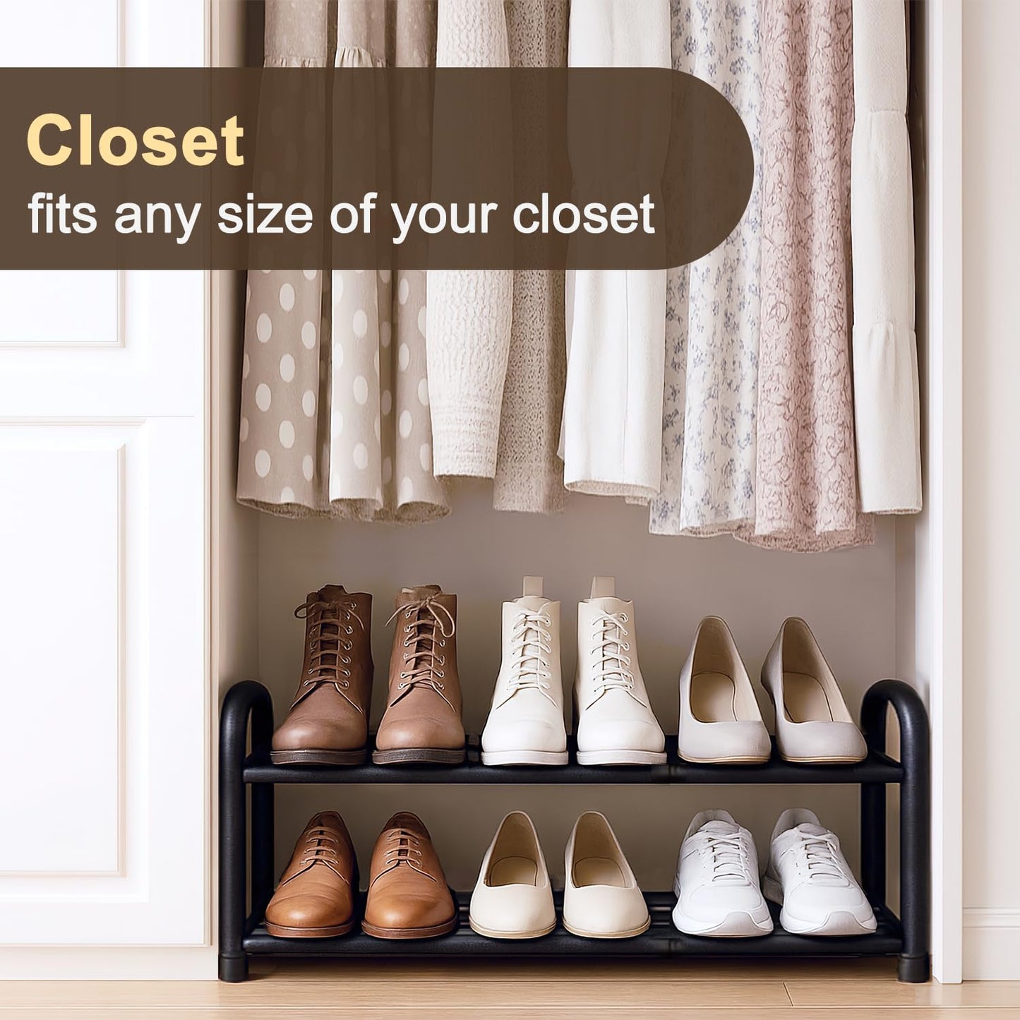 MIKVOYO 2 Tier Extendable Small Shoe Rack, Black Metal Adjustable Shoe Storage Racks for Inside Wardrobe Closet, Narrow Spaces, Hallway, Bedroom