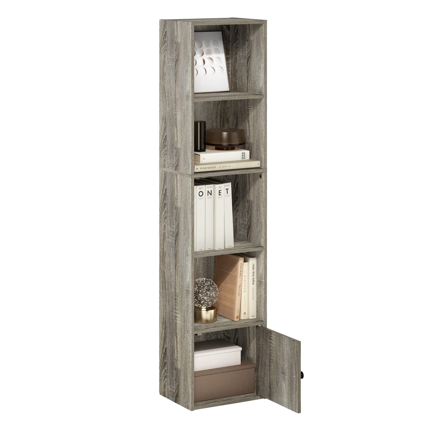 Furinno LUDER Book Shelf, 5-Tier Modern Bookshelf, Bookcase with 1 Door Storage Cabinet, 9.3 x 12 x 52, for Living Room, Bedroom, Home Office