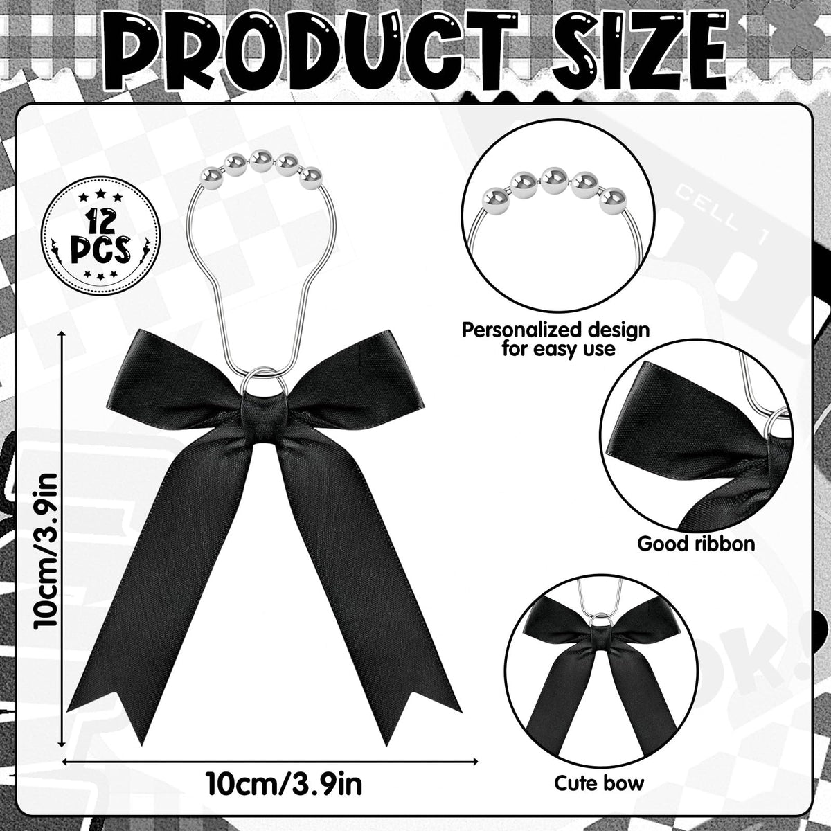12 Black Bow Shower Curtain Hooks, Cute Bow Bathroom Accessories Decor Supplies, Stainless Steel Fine Workmanship Shower Rings Decor