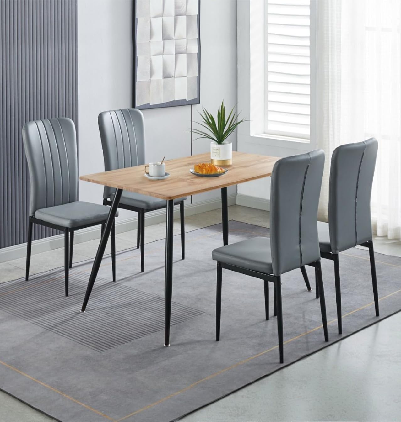 Hallowood Furniture Cullompton Small Dining Table and Chairs Set 4, Brown Oak Effect Rectangular Kitchen Table and Chairs in Grey Faux Leather