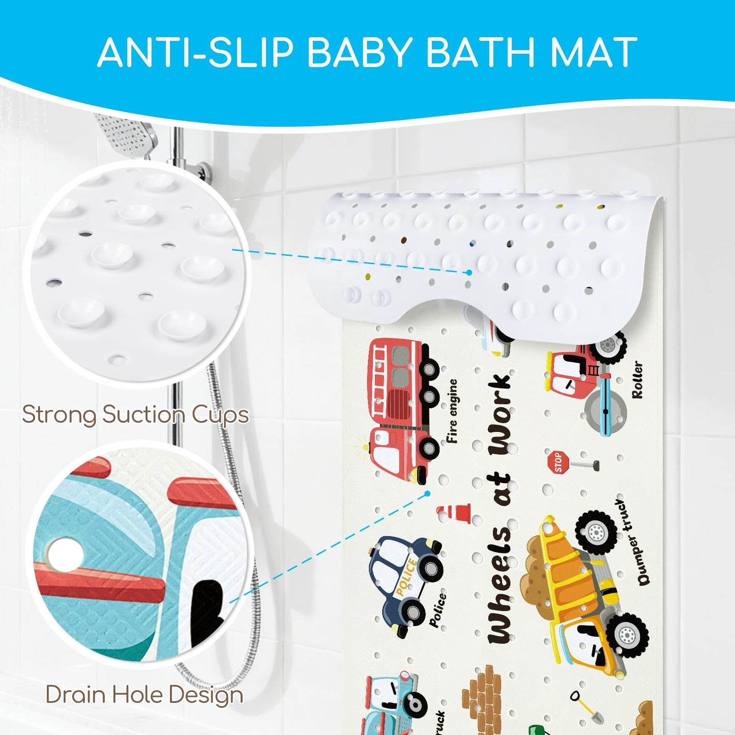 omedecal Baby Bath Mat Non Slip for Tub, 100 * 40cm, Excavator