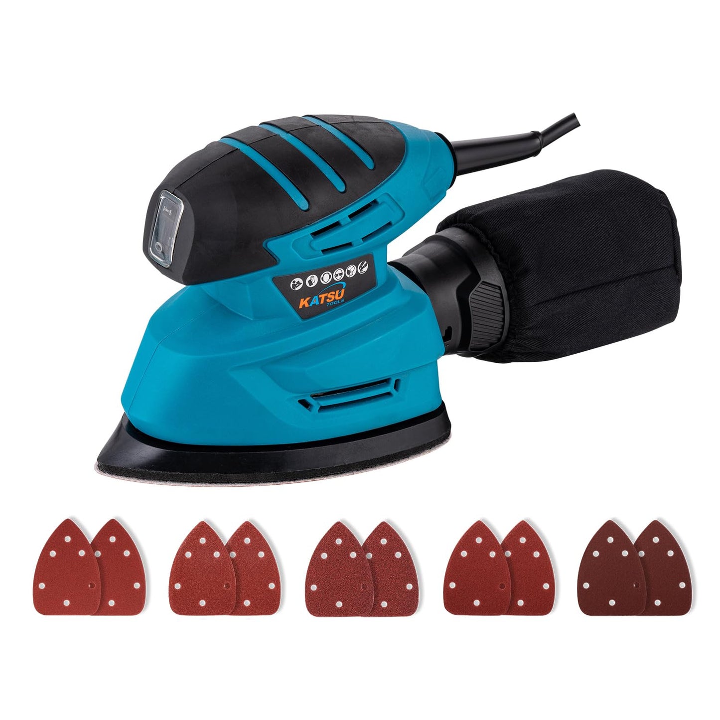 KATSU Tools Electric Detail Sander, 130W Palm Sander for Wood with Dust Collection and 10 PCs Sanding Pads, for Home Decoration DIY Furniture