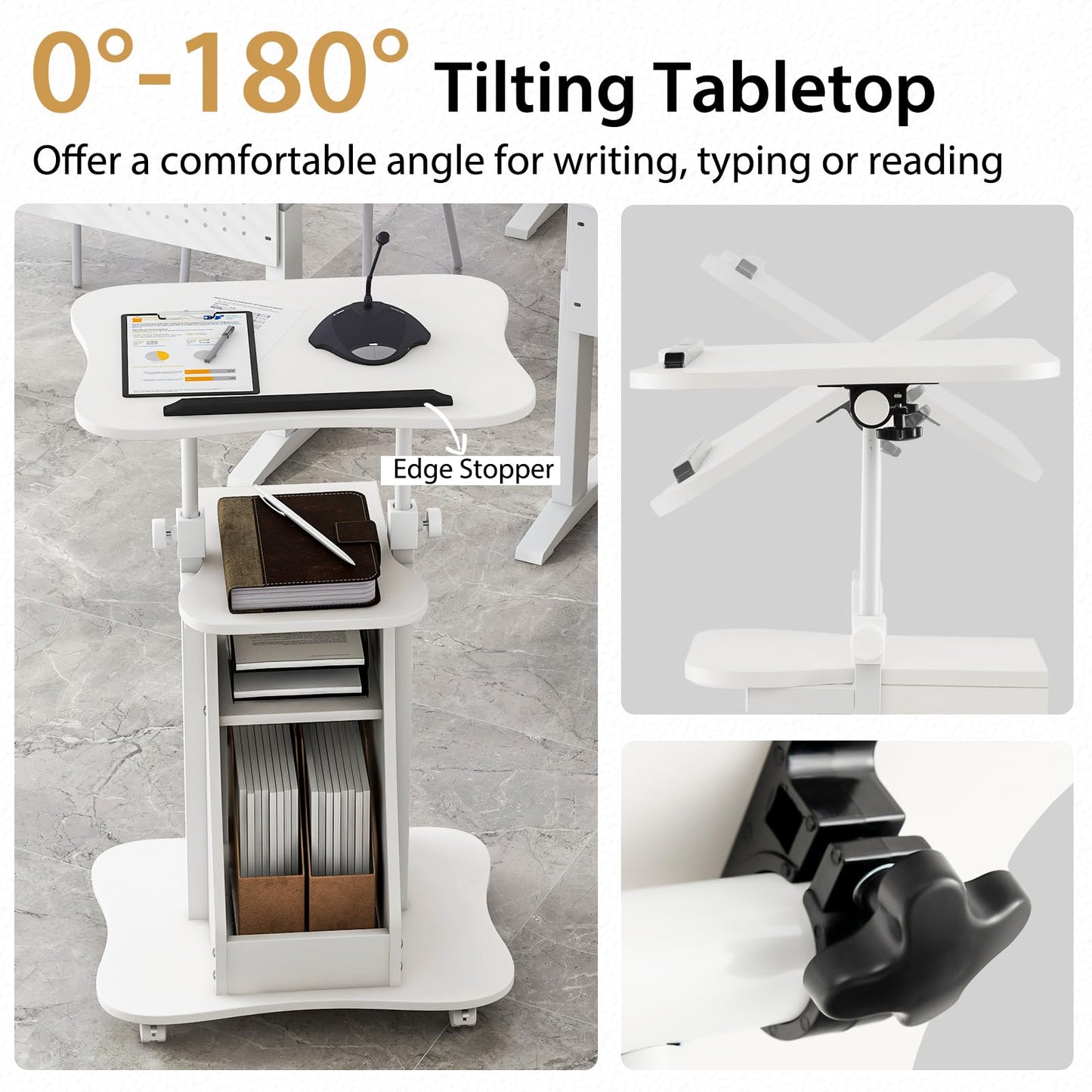 CASART Movable Laptop Table, Height Adjustable Computer Workstation with Storage Cabinet & Rolling Casters, Standing PC Desk for Home Office (White)