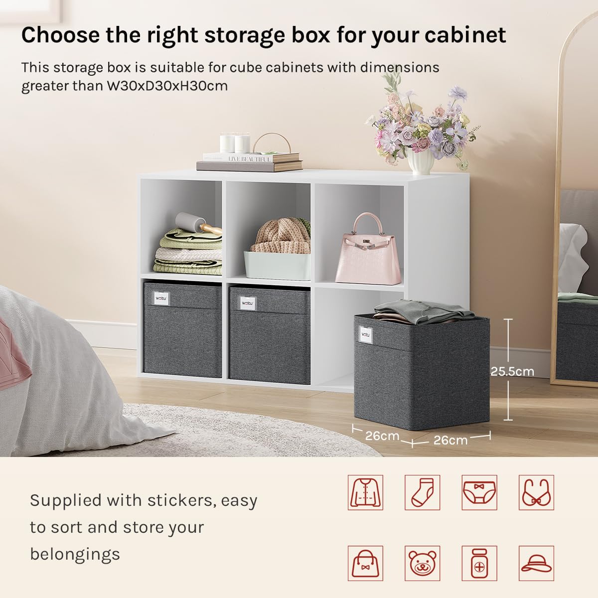WOLTU Collapsible Storage Boxes Set of 3, Fabric Storage Cubes with Handles and Label Holders, Wardrobe Organisers for Shelves, Bedroom, Living Room