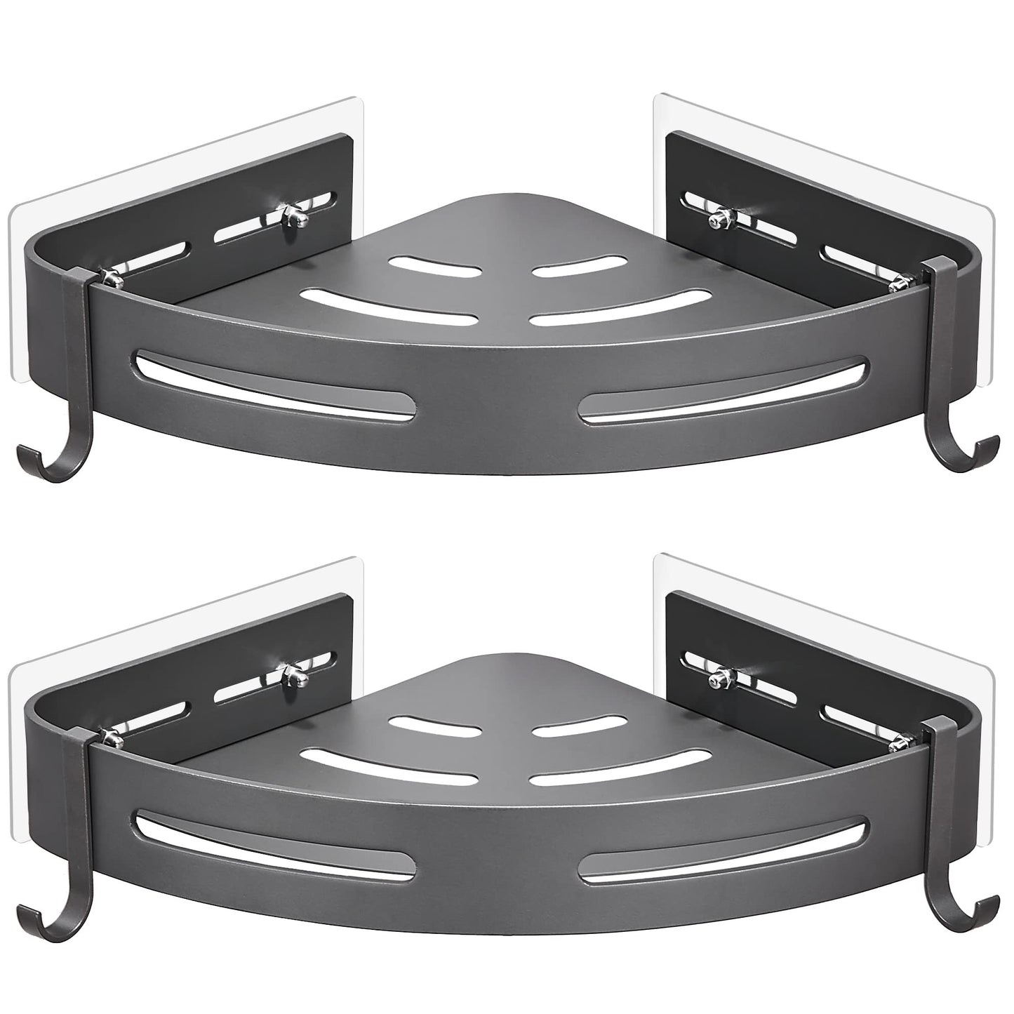 GERUIKE Shower Corner Shelves No Drilling Adhesive Bathroom Shelf, 2-Pack Matt Grey Aluminium Organiser with Hooks - Strong Hold, Rustproof & Wall