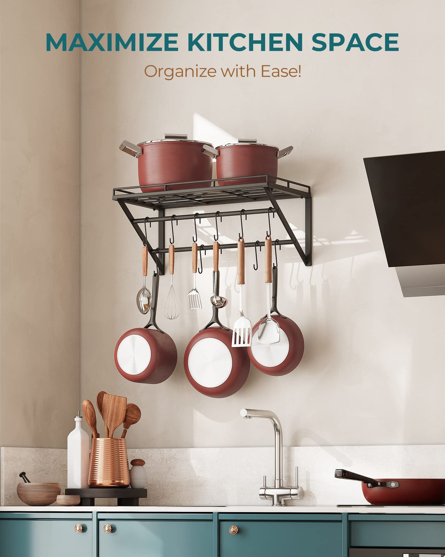 OROPY Wall Mount Pot Pan Racks, Saucepan Hanging Rack, Kitchen Utensils Hanging Shelf with 2 Rails, 12 Hooks, 60cm